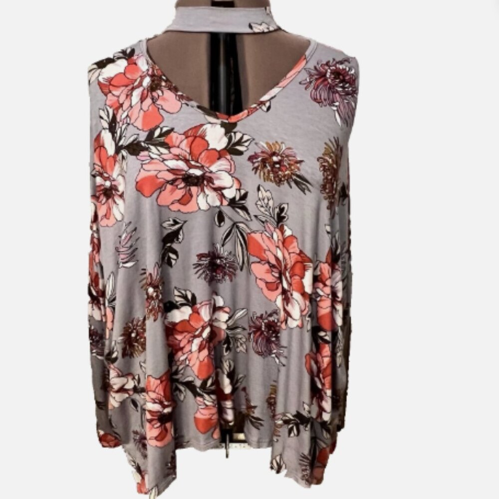 Vintage Blooms In The City. Sz M Oversized. Gray Neck Band. Asymmetrical. B26